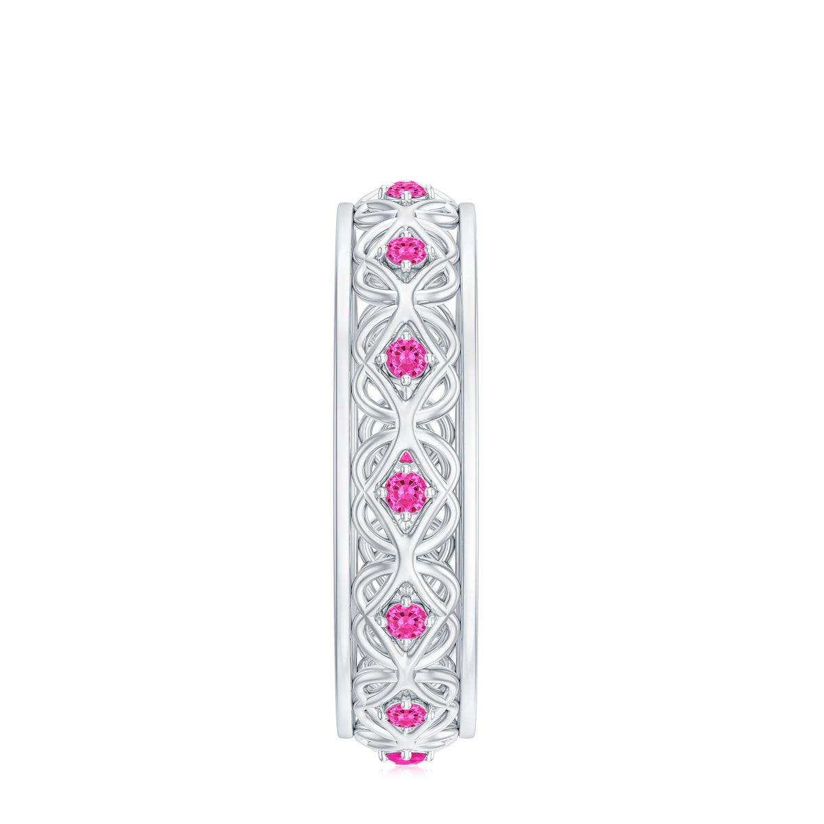 Rosec Jewels lab-created pink sapphire wedding band with Celtic detailing, showcasing intricate design and vibrant pink gemstones.