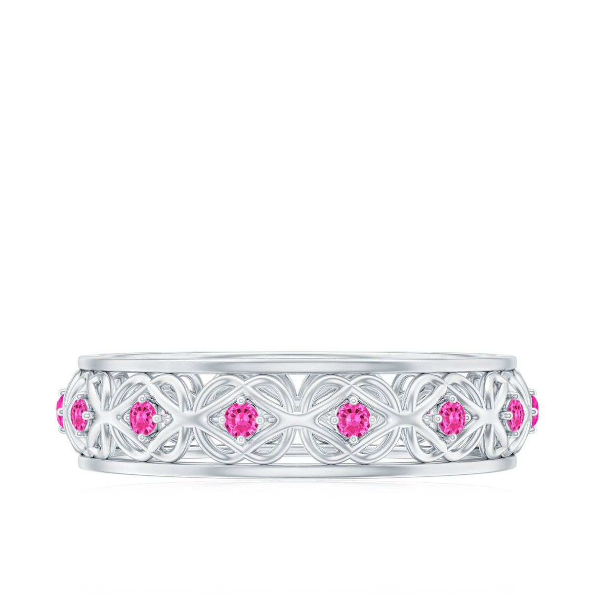 Rosec Jewels lab-created pink sapphire wedding band with intricate Celtic details, showcasing a polished ring design.