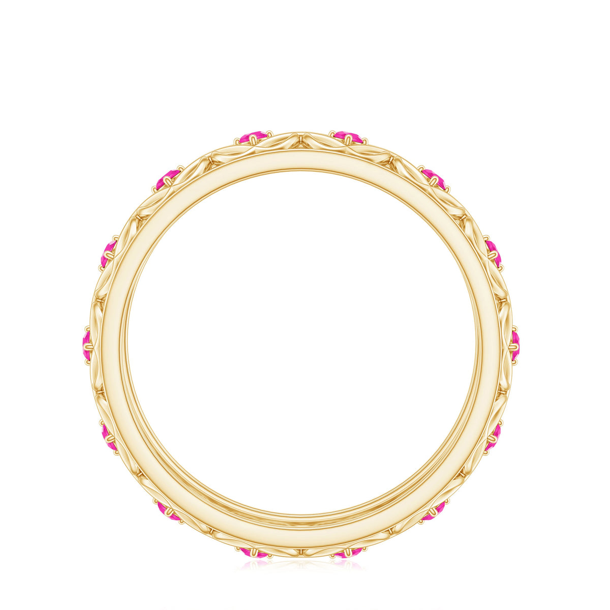 Lab-created pink sapphire wedding band with Celtic details, crafted by Rosec Jewels, showcasing intricate design and vibrant pink stones.