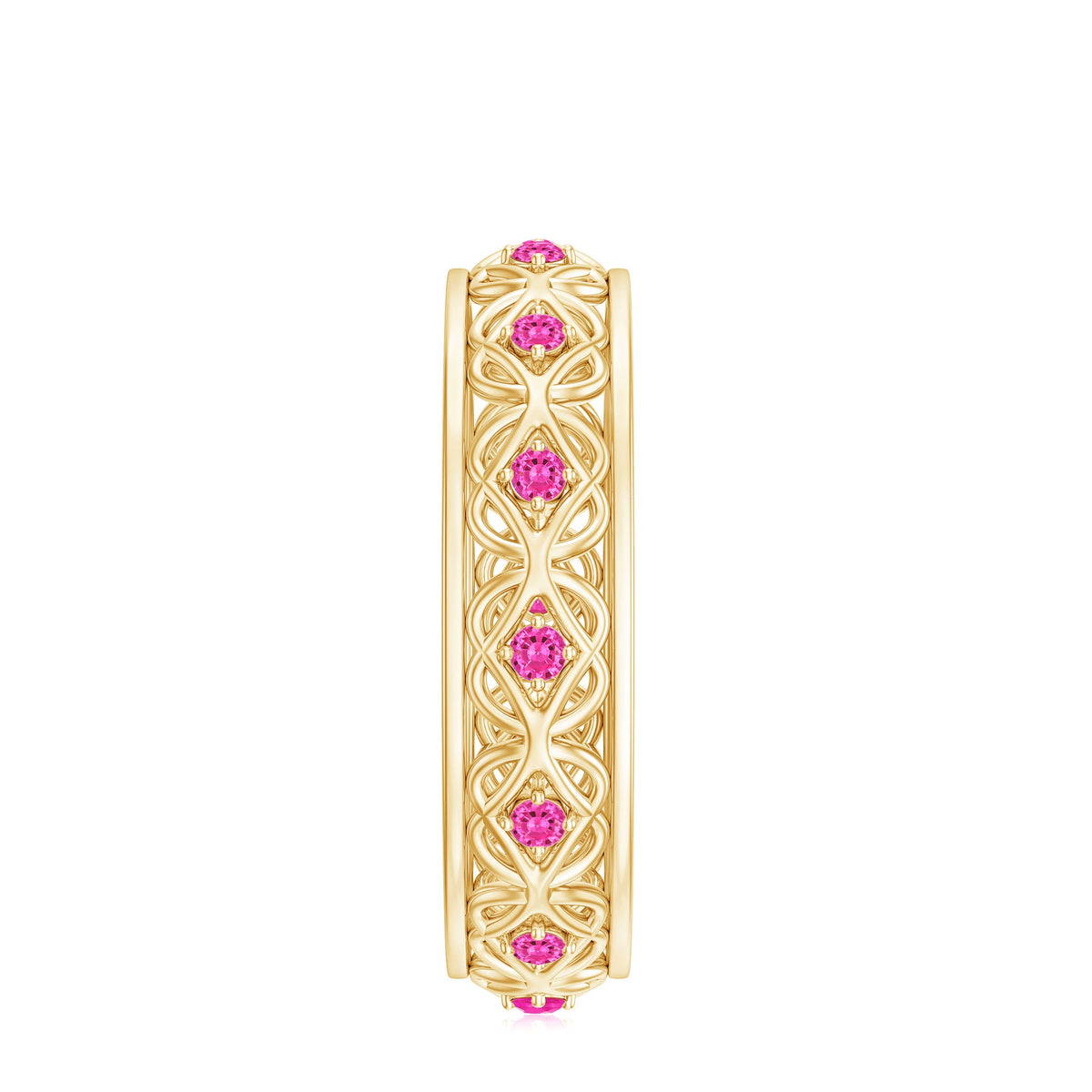 Rosec Jewels lab-created pink sapphire wedding band with Celtic detailed design, showcasing the elegant ring with pink sapphires.