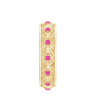 Rosec Jewels lab-created pink sapphire wedding band with Celtic detailed design, showcasing the elegant ring with pink sapphires.
