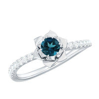 0.6 Carat Round London Blue Topaz Floral Engagement Ring with Diamond