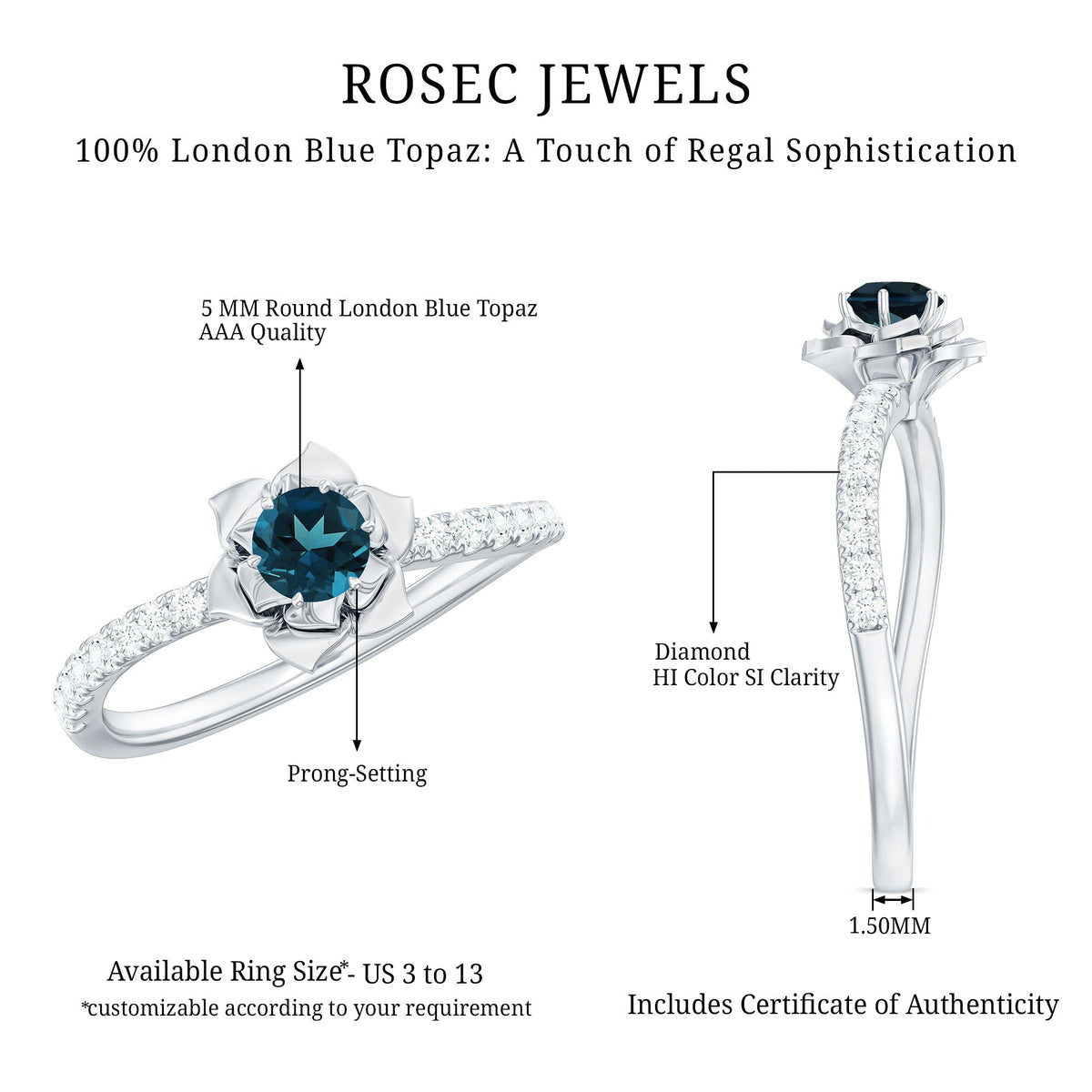 0.6 Carat Round London Blue Topaz Floral Engagement Ring with Diamond