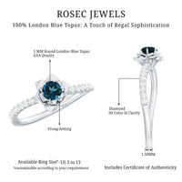 0.6 Carat Round London Blue Topaz Floral Engagement Ring with Diamond