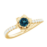 0.6 Carat Round London Blue Topaz Floral Engagement Ring with Diamond
