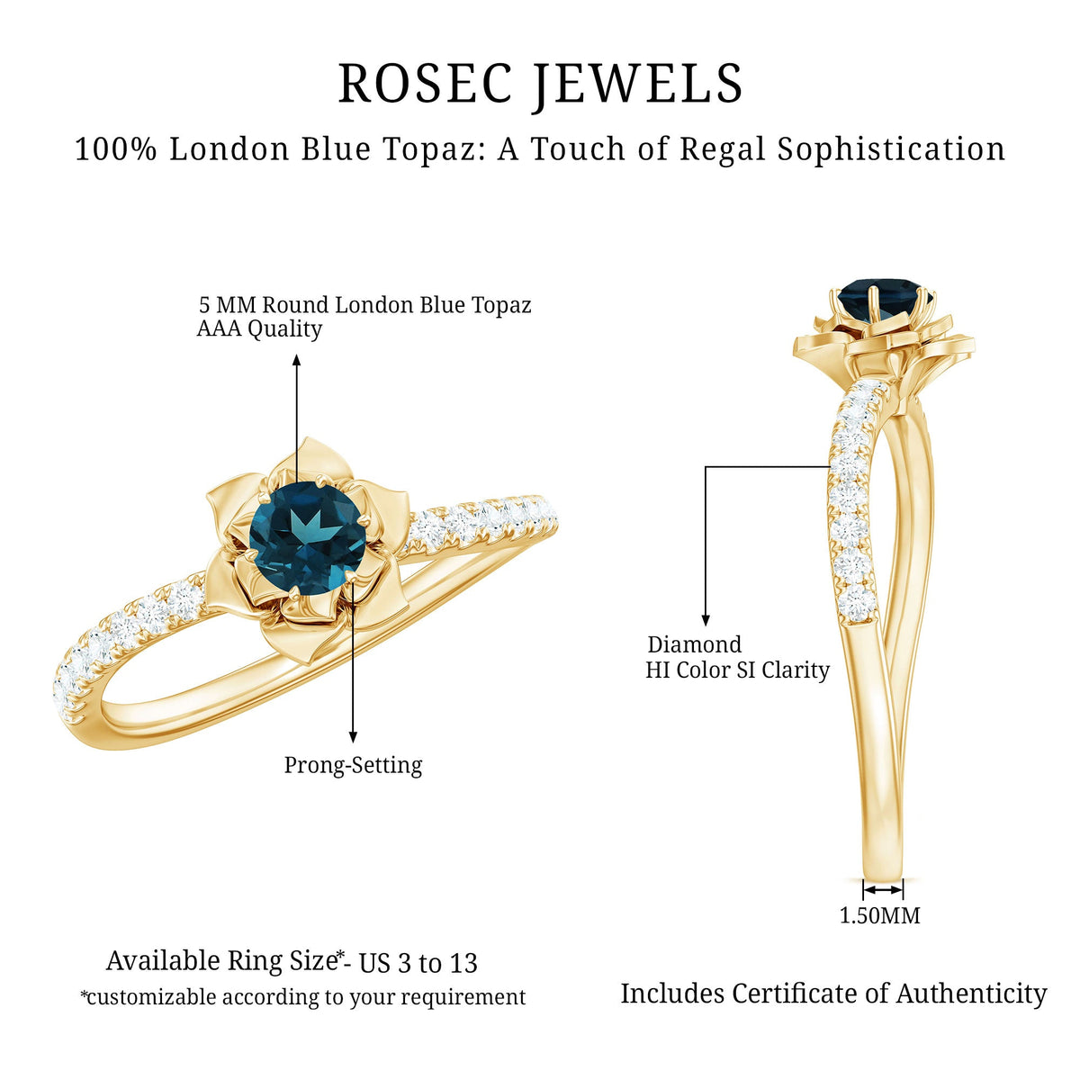 0.6 Carat Round London Blue Topaz Floral Engagement Ring with Diamond