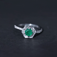 Genuine Emerald Flower Engagement Ring with Diamond