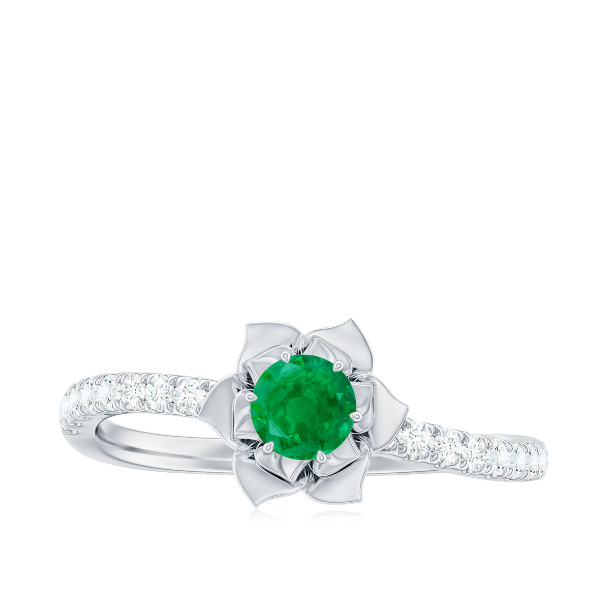 Genuine Emerald Flower Engagement Ring with Diamond