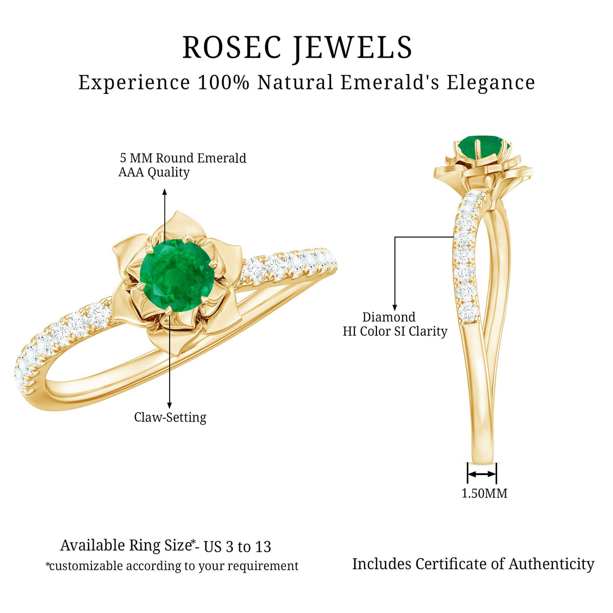 Genuine Emerald Flower Engagement Ring with Diamond