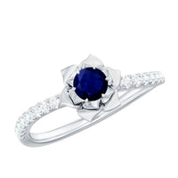 Real 0.9 Carat Blue Sapphire rose flower engagement ring with diamond accents from Rosec Jewels, showcasing intricate floral design.