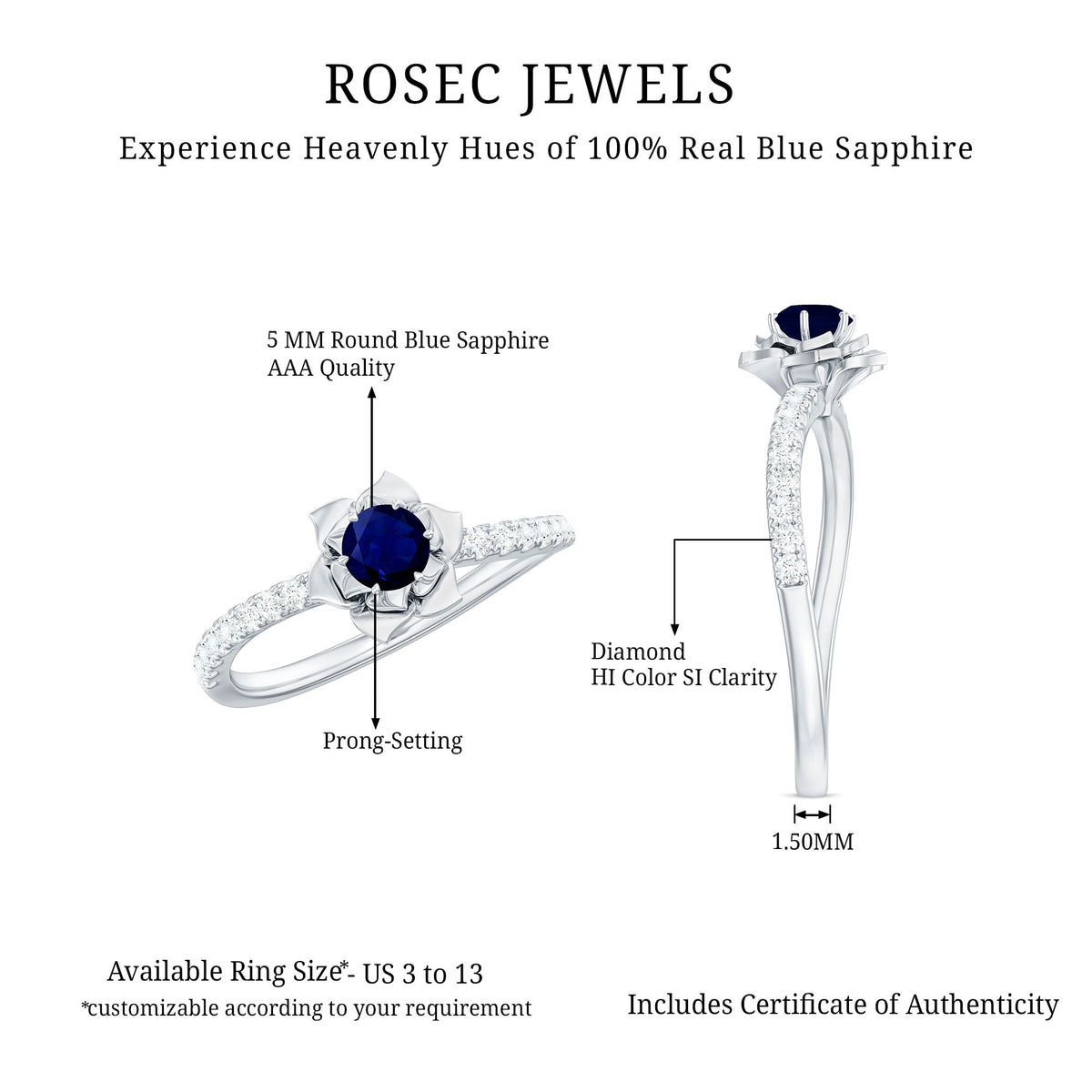 Real 0.9 carat blue sapphire rose flower engagement ring with diamond accents, featuring intricate gold band design by Rosec Jewels.