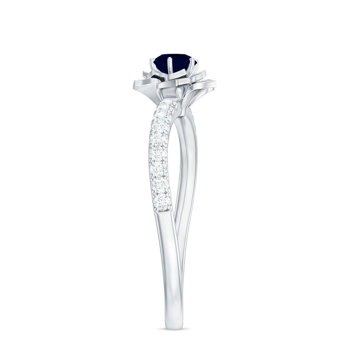 Real 0.9 carat blue sapphire rose flower engagement ring with diamonds from Rosec Jewels, showcasing intricate floral design and sparkling stones.