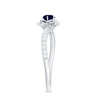 Real 0.9 carat blue sapphire rose flower engagement ring with diamonds from Rosec Jewels, showcasing intricate floral design and sparkling stones.