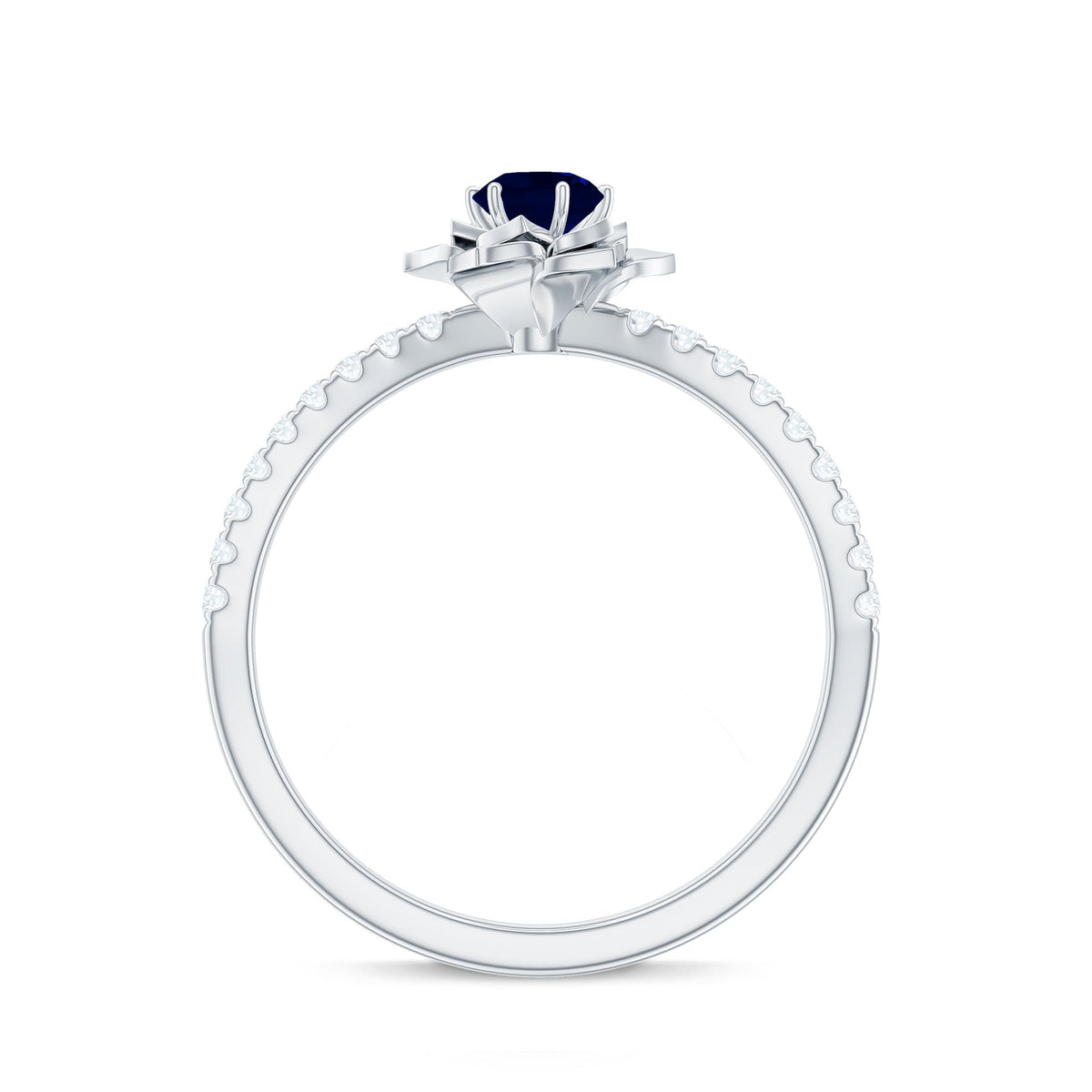 Rosec Jewels blue sapphire rose flower engagement ring with 0.9 carat sapphire and diamond accents, featuring intricate floral design.