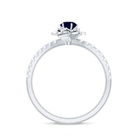Rosec Jewels blue sapphire rose flower engagement ring with 0.9 carat sapphire and diamond accents, featuring intricate floral design.