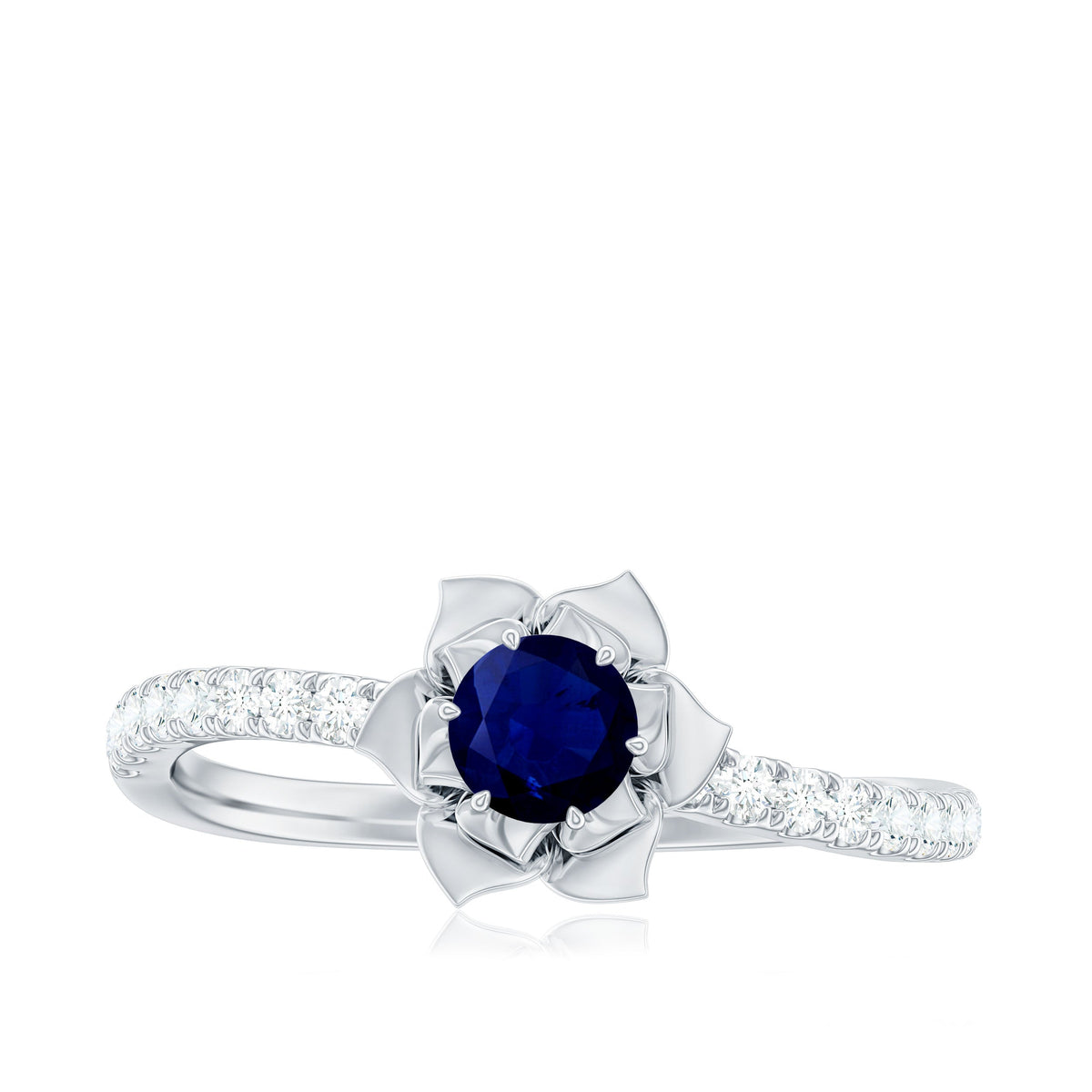 Real 0.9 carat blue sapphire rose flower engagement ring with diamond from Rosec Jewels, featuring intricate floral design and sparkling accents.