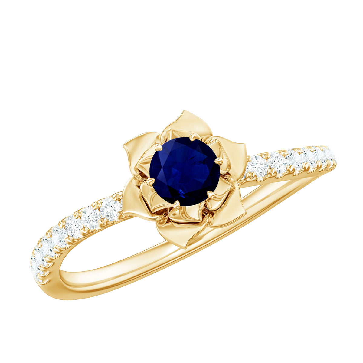 Real 0.9 Carat blue sapphire rose flower engagement ring with diamond accents, crafted by Rosec Jewels, showcasing intricate floral design.