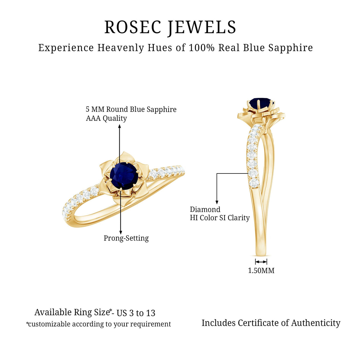 Real 0.9 carat blue sapphire rose flower engagement ring with diamond accents, crafted by Rosec Jewels.
