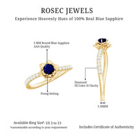 Real 0.9 carat blue sapphire rose flower engagement ring with diamond accents, crafted by Rosec Jewels.