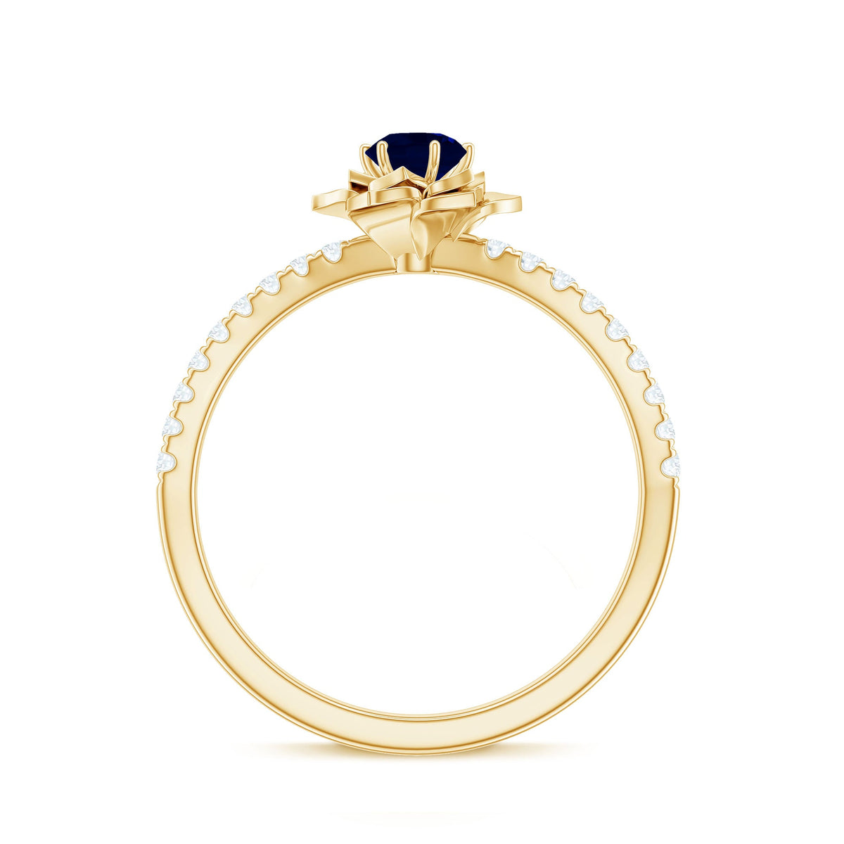 Real 0.9 carat blue sapphire rose flower engagement ring with diamonds, featuring intricate design and sparkling gemstones.