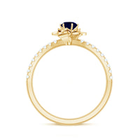 Real 0.9 carat blue sapphire rose flower engagement ring with diamonds, featuring intricate design and sparkling gemstones.