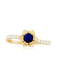 Real 0.9 carat blue sapphire rose flower engagement ring with diamond accents, featuring intricate floral design by Rosec Jewels.