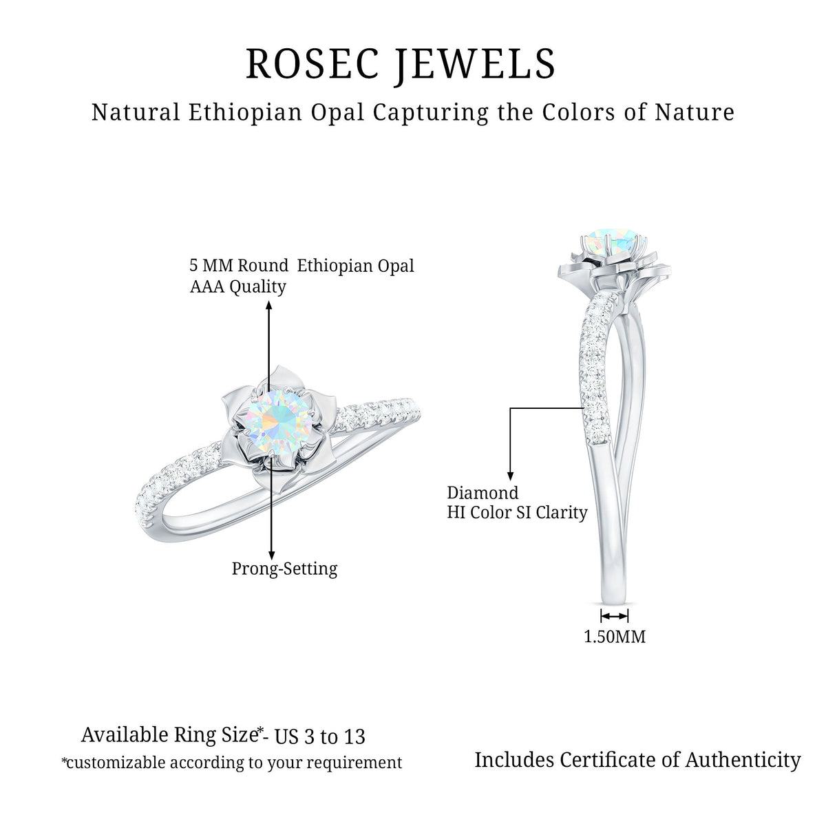 Natural Ethiopian Opal Floral Engagement Ring with Diamond Side Stones
