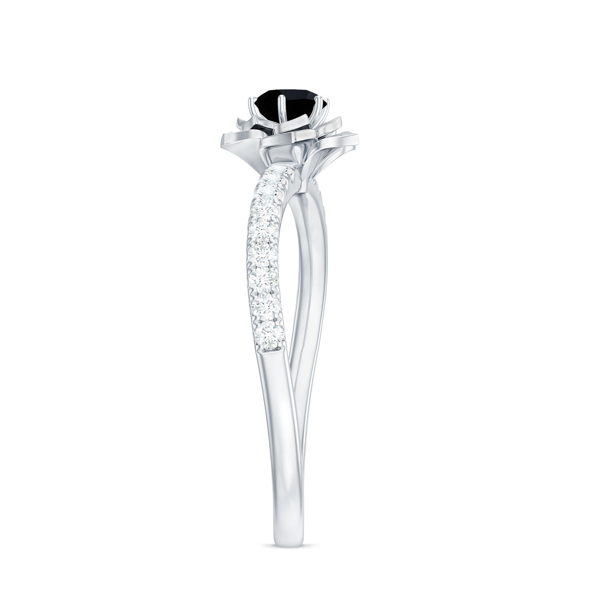 Certified Real Black Spinel Flower Engagement Ring with Diamond