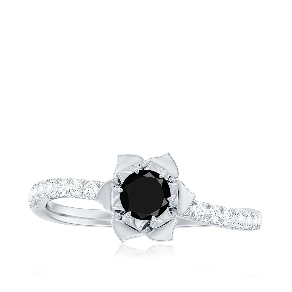 Certified Real Black Spinel Flower Engagement Ring with Diamond