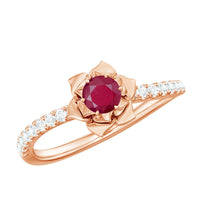 Natural 0.6 carat ruby flower engagement ring with diamonds, showcasing a detailed floral design by Rosec Jewels.