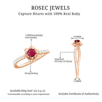 Natural 0.6 carat ruby flower engagement ring with diamond accents by Rosec Jewels, showcasing intricate floral design and sparkling gemstones.