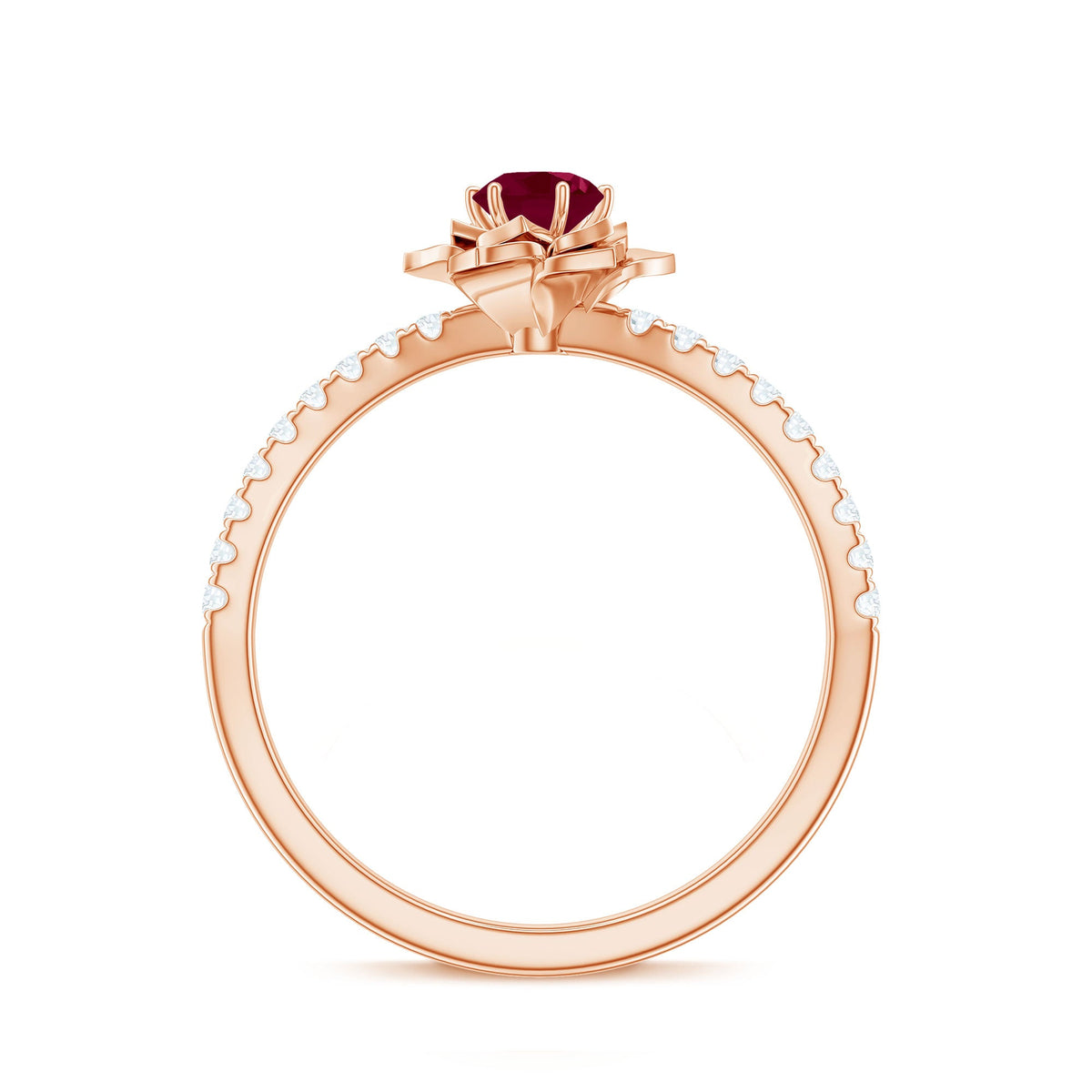 Natural 0.6 carat ruby flower engagement ring with diamonds from Rosec Jewels, featuring a detailed floral design and sparkling accents.