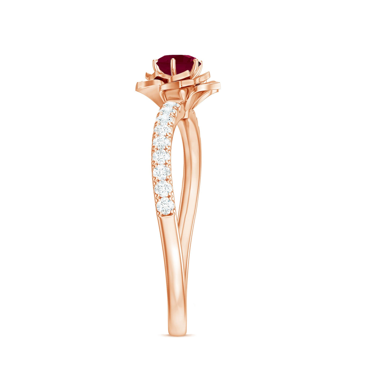 Natural 0.6 carat ruby flower engagement ring with diamond accents by Rosec Jewels, featuring a detailed floral design in sterling silver.