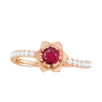 Natural 0.6 carat ruby flower engagement ring with diamond accents by Rosec Jewels, featuring a detailed floral design.
