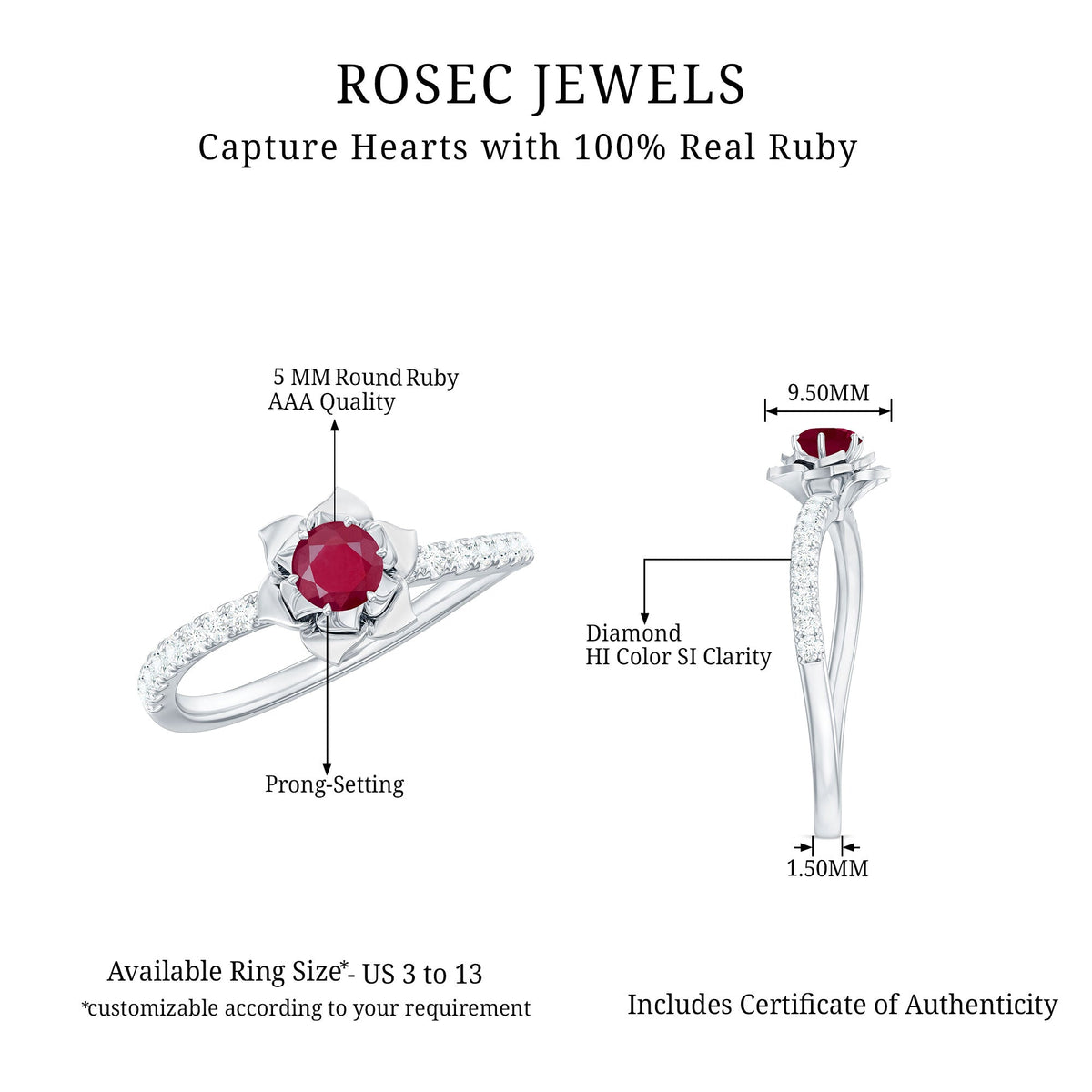 Natural 0.6 carat ruby flower engagement ring with diamond accents, set in a elegant ring design by Rosec Jewels.