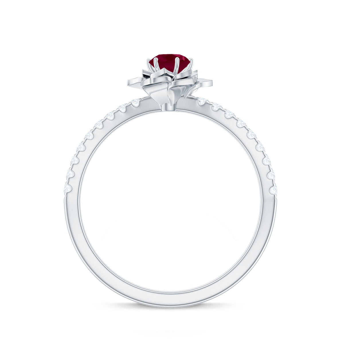 Natural 0.6 carat ruby flower engagement ring with diamond accents by Rosec Jewels, featuring a detailed gold band and floral design.