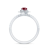 Natural 0.6 carat ruby flower engagement ring with diamond accents by Rosec Jewels, featuring a detailed gold band and floral design.