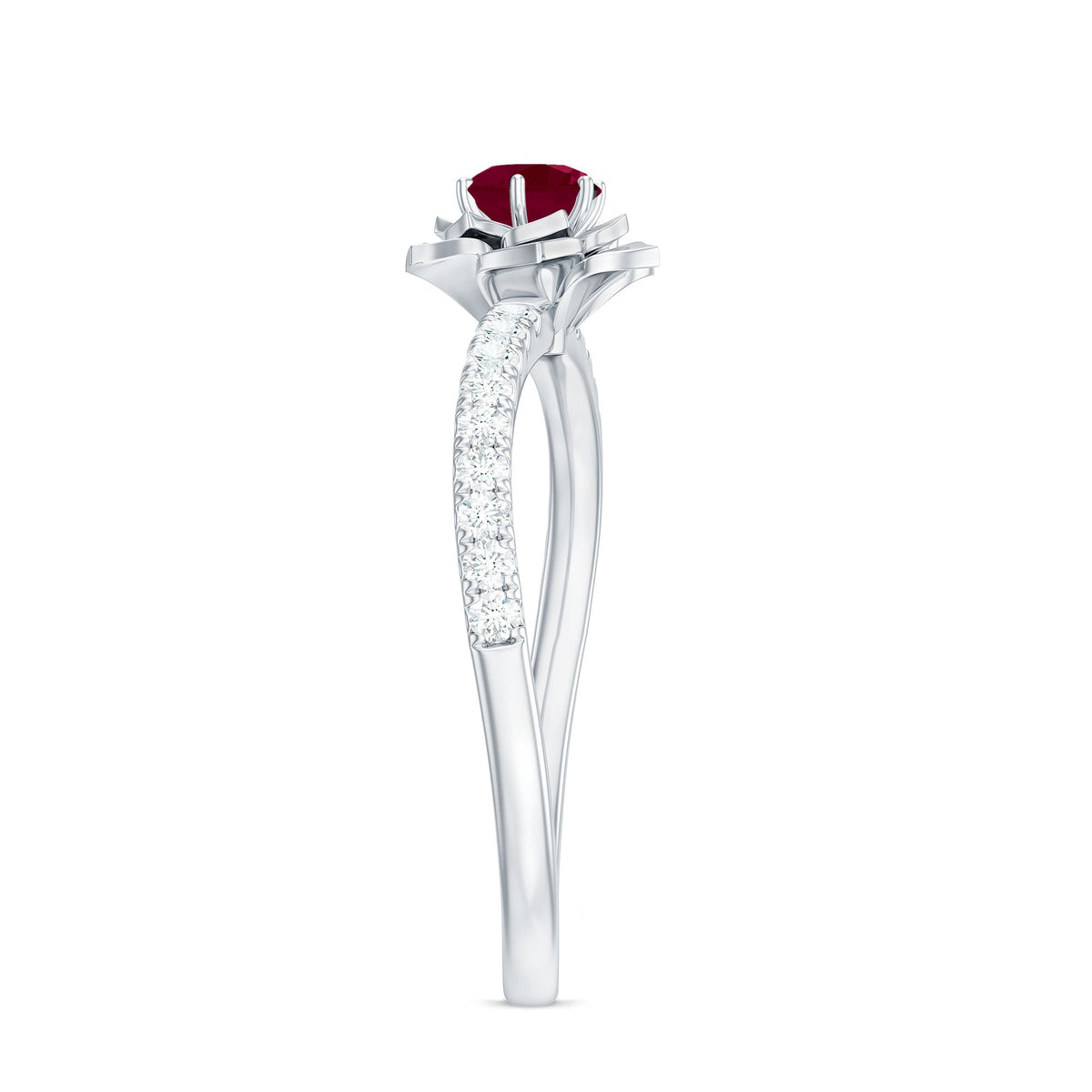 Natural 0.6 carat ruby flower engagement ring with diamonds by Rosec Jewels, showcasing a detailed floral design and sparkling accents.