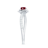 Natural 0.6 carat ruby flower engagement ring with diamonds by Rosec Jewels, showcasing a detailed floral design and sparkling accents.