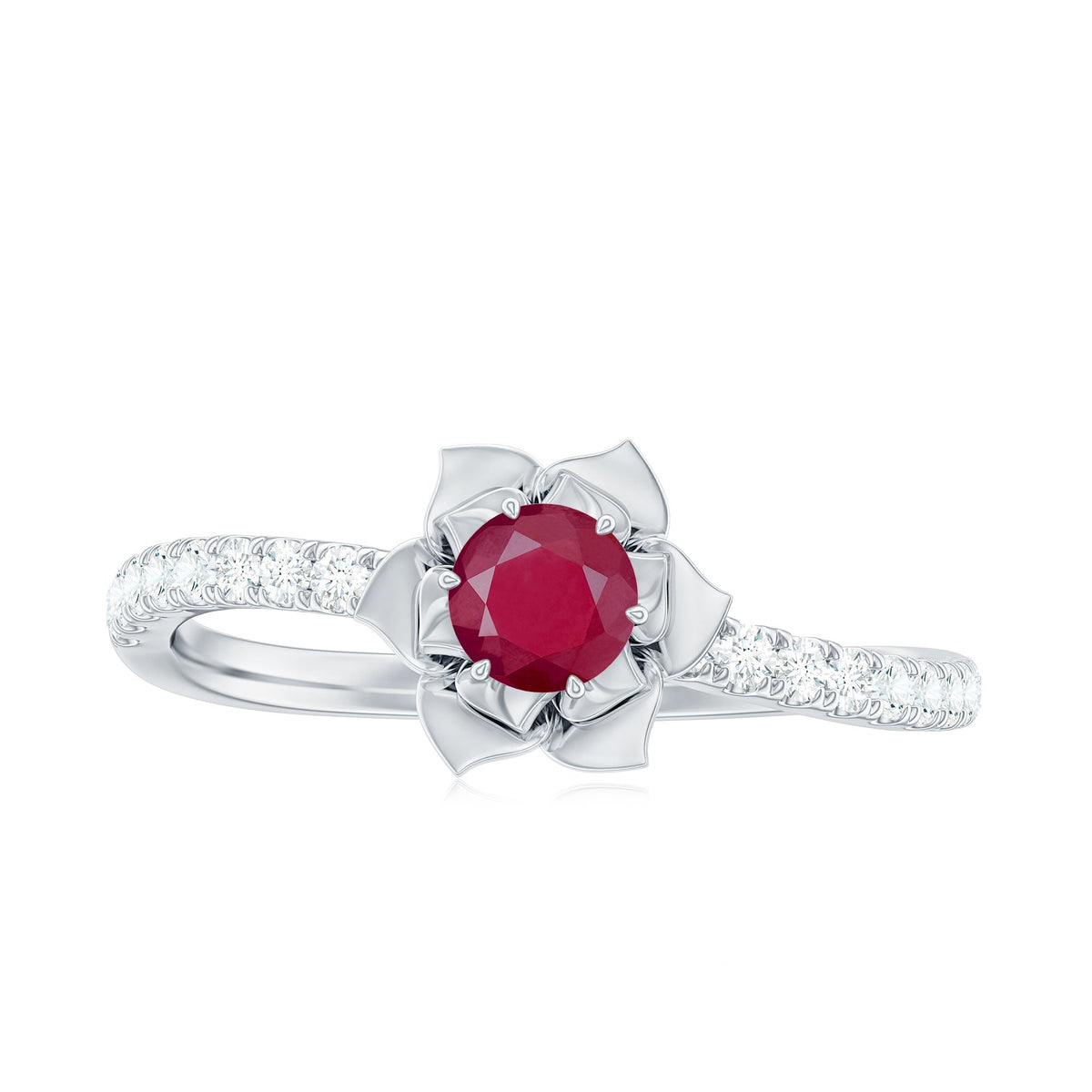 Natural 0.6 carat ruby flower engagement ring with diamond accents by Rosec Jewels, showcasing intricate floral design and sparkling gemstones.