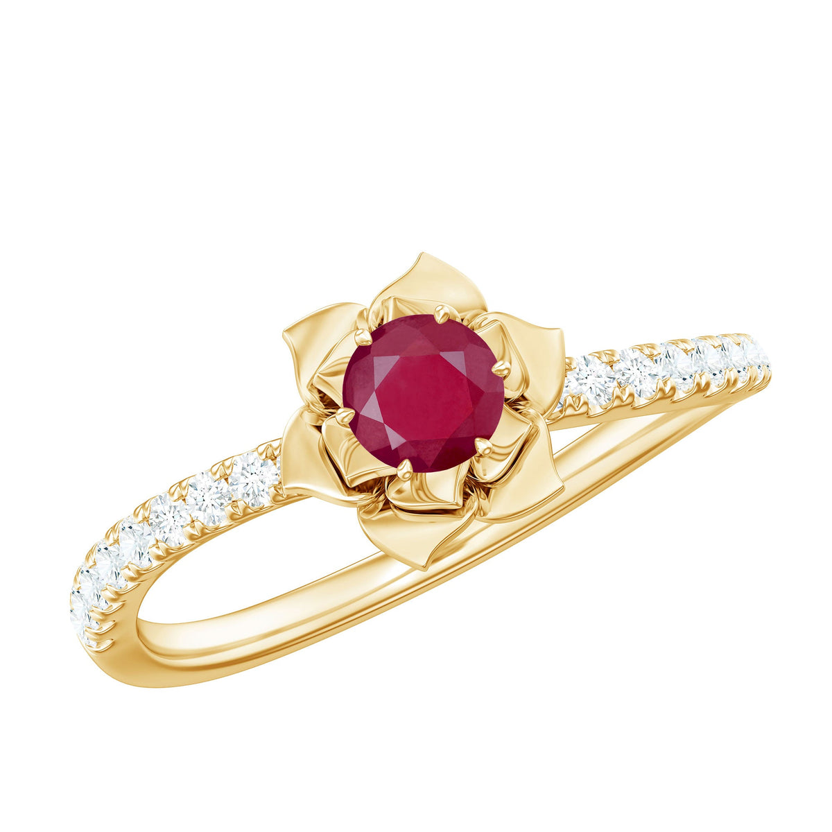 Natural 0.6 carat ruby flower engagement ring with diamond accents by Rosec Jewels, showcasing a detailed floral design in gold.