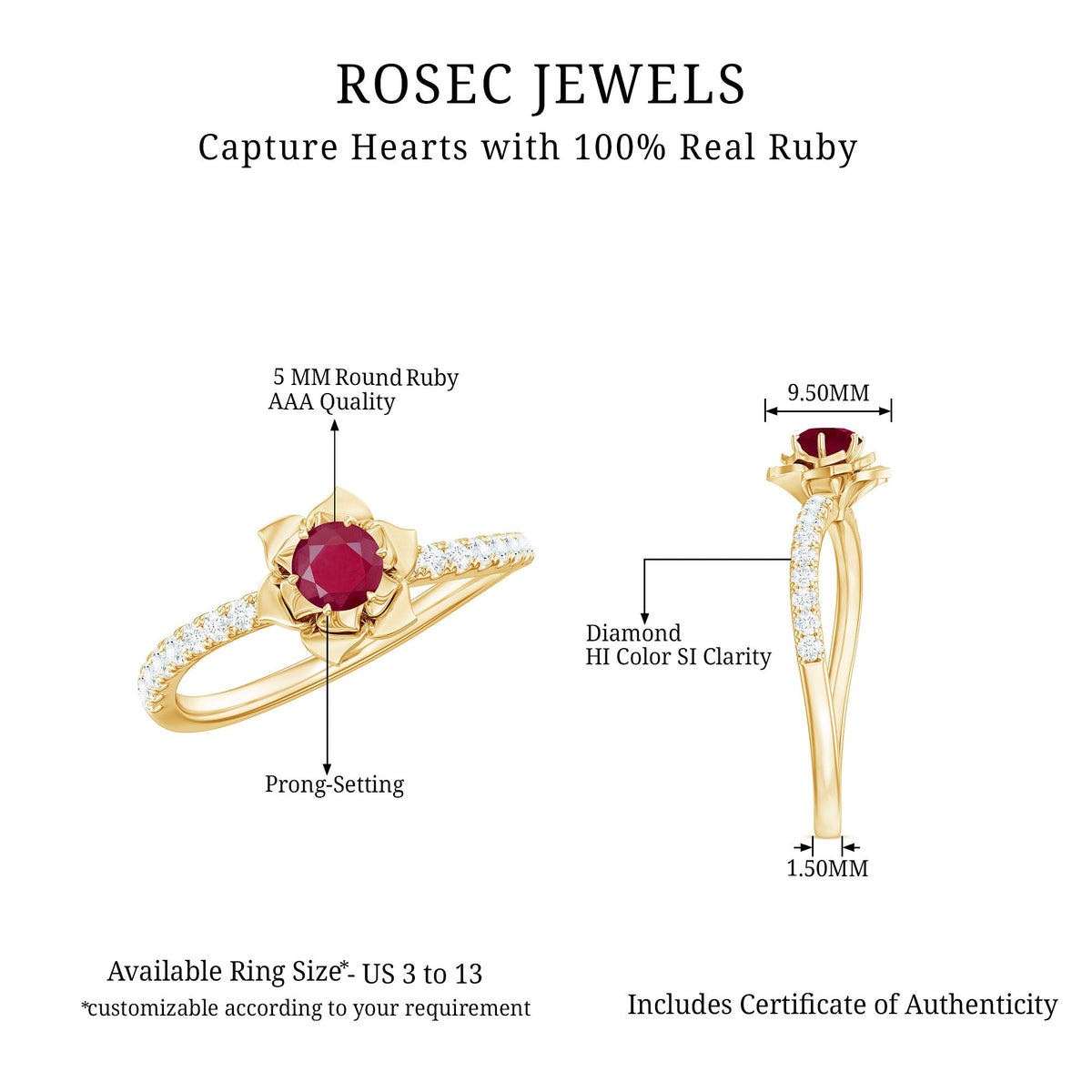 Natural 0.6 carat ruby flower engagement ring with diamond accent, crafted by Rosec Jewels, featuring a detailed floral design.