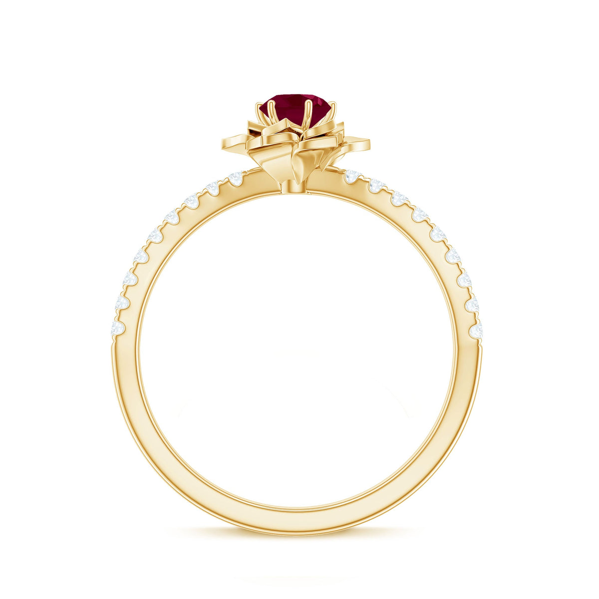 Natural 0.6 carat ruby flower engagement ring with diamonds from Rosec Jewels, showcasing a detailed floral design and sparkling accents.