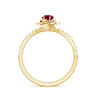 Natural 0.6 carat ruby flower engagement ring with diamonds from Rosec Jewels, showcasing a detailed floral design and sparkling accents.