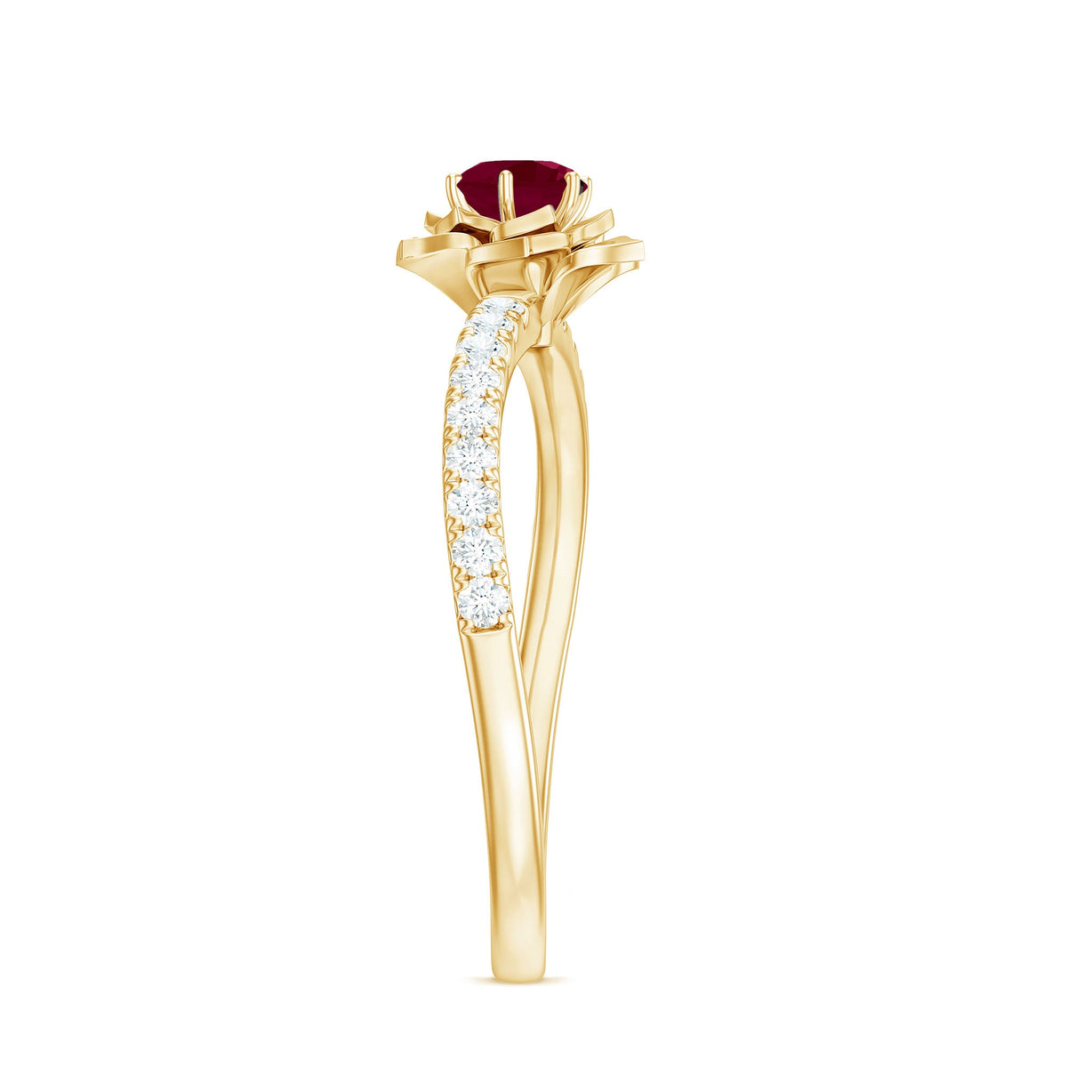 Natural 0.6 carat ruby flower engagement ring with diamonds, featuring a Rosec Jewels design and intricate floral details.