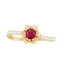 Natural 0.6 carat ruby flower engagement ring with diamonds from Rosec Jewels, featuring a detailed floral design in sterling silver.