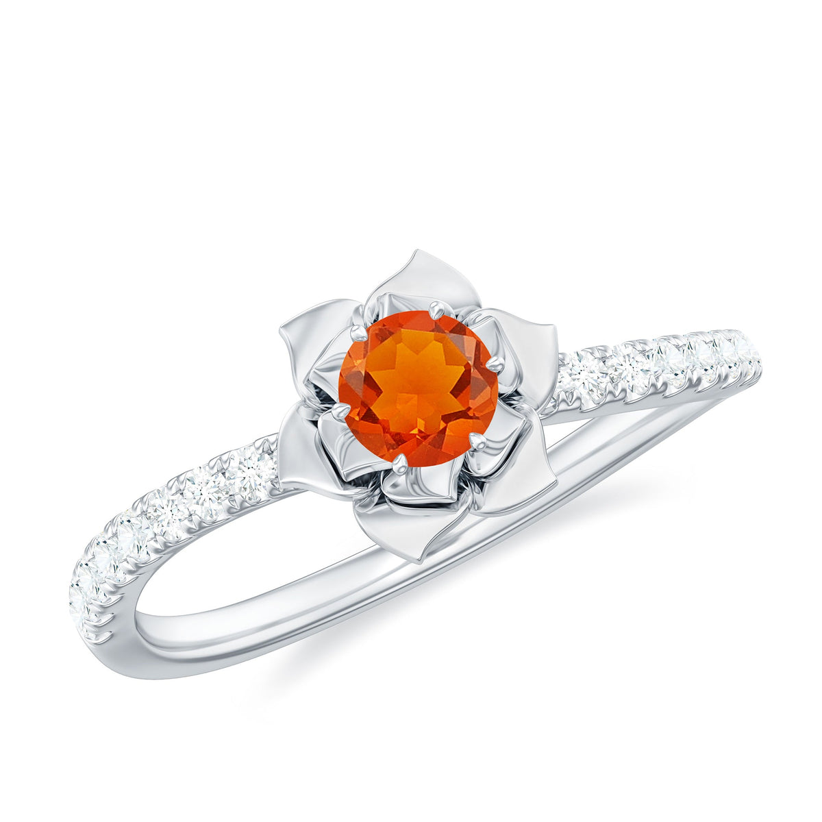 Rosec Jewels 0.45 carat fire opal flower engagement ring with diamond, featuring a vibrant orange opal centerpiece and sparkling accents.