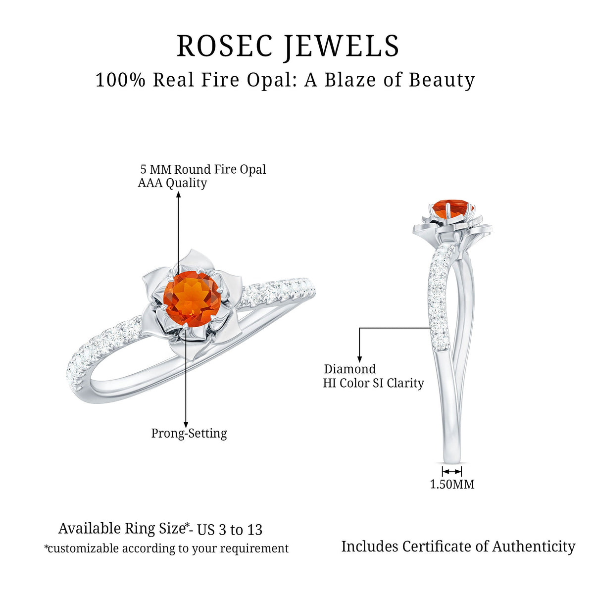 Rosec Jewels 0.45 Carat Fire Opal flower engagement ring with diamond accent, showcasing colorful gemstone and delicate band.