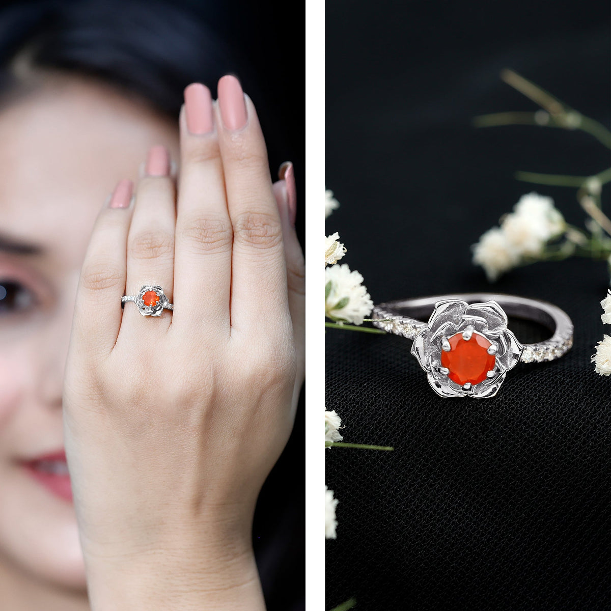 Rosec Jewels fire opal flower engagement ring with 0.45 carat fire opal and diamond accents, showcasing intricate floral design.