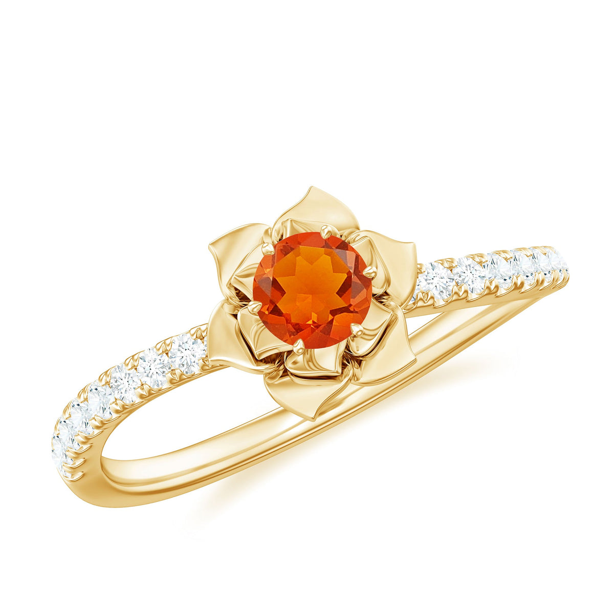Rosec Jewels 0.45 carat fire opal flower engagement ring with diamond accents, featuring a silver band and intricate floral design.